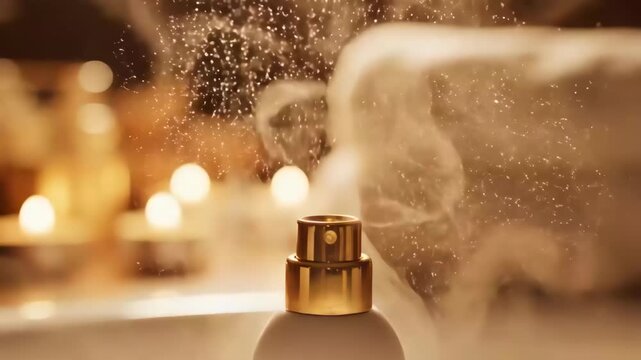 Gold spray bottle perfume mist cap luxury fragrance nozzle candlelit spa atmosphere aromatic elegant