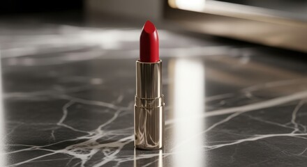 Vibrant red lipstick in a sleek golden tube standing elegantly on a luxurious dark grey marble surface with delicate white veins and subtle reflections illustration