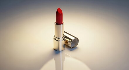 Vibrant red lipstick in elegant gold casing, with its cap lying alongside, casting reflections on a smooth, illuminated surface, perfect for beauty ads illustration