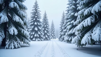 Winter forest with snow covered firs during snowfall, christmas and snowflake concept