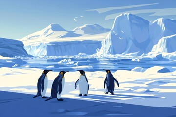 Group of penguins waddling across a frozen landscape with icebergs and mountains, depicting wildlife and cold habitat