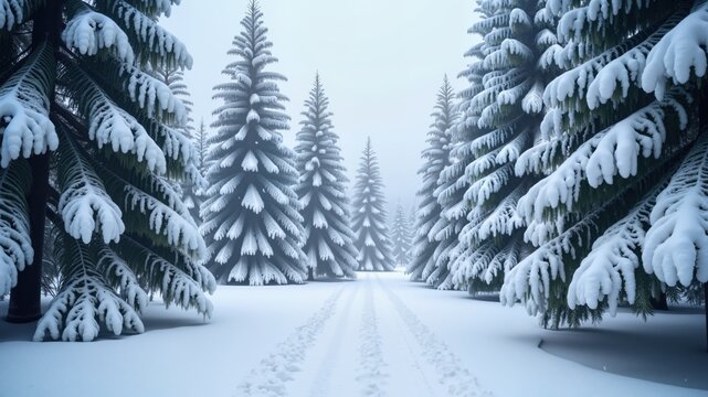 Winter forest with snow covered firs during snowfall, christmas and snowflake concept
