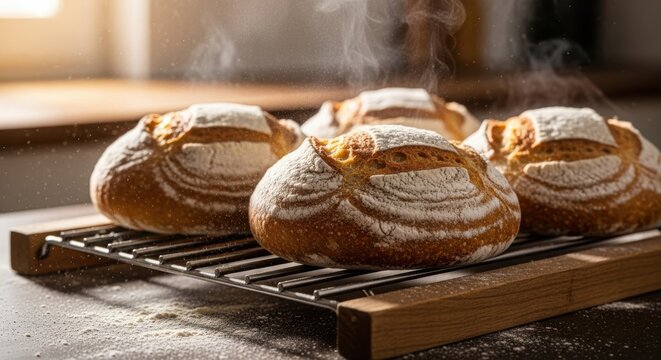 Freshly baked artisanal sourdough bread loaves cooling on a rack, emanating steam, with a dusting of flour, showcasing a rustic homemade quality. illustration