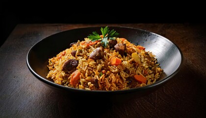 High-end food photography of pilaf, clean composition, dramatic lighting, luxurious, elegant