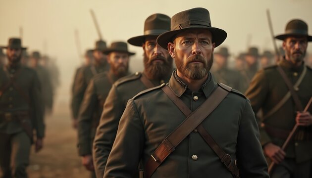 American Civil War soldiers march. Union army men wear hats, carry rifles, display firm resolve, determination. Military troops walk in formation, showing serious faces. Historic column advances