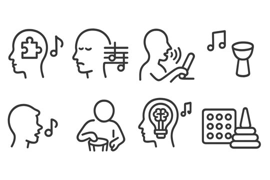 Music Therapy Icons. Line style icons of music therapy with special populations: autism spectrum icon with music, PTSD music
