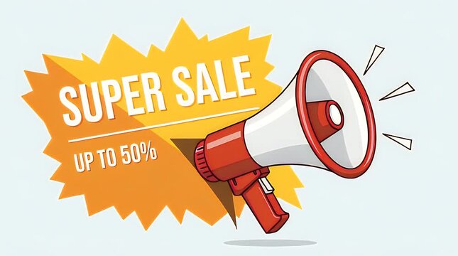 A red and white megaphone announces a super sale with a burst background