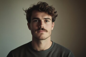 Obraz premium Confident young man with short wavy hair and mustache. Authentic male portrait, looking directly, neutral background
