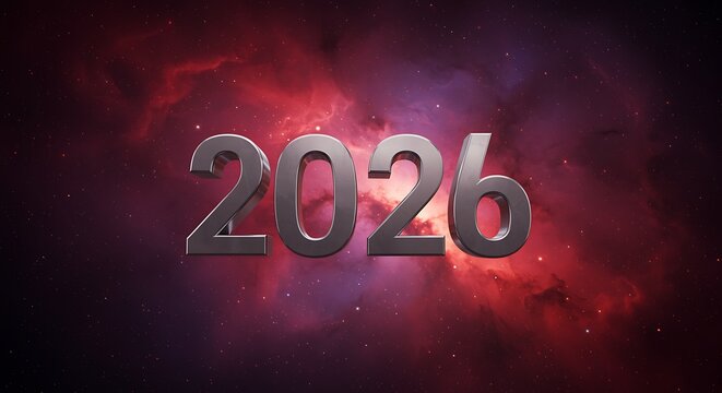 Year 2026 in Silver Metal with Space Nebula Background Illustration