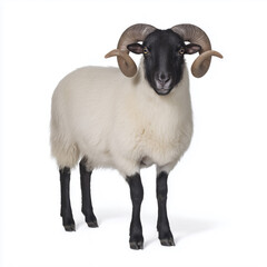 Fototapeta premium Black-faced ram with curled horns isolated