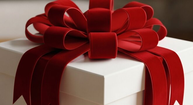 Gift Box of Elegance: A luxurious white gift box is adorned with a stunning red ribbon, embodying the essence of elegance and sophistication. - Powered by Adobe
