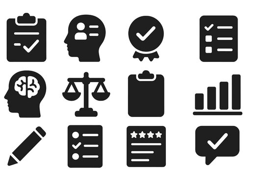 Testing Icons Collection. Solid style icons of Cognitive and Personality Tests: IQ test, personality profile, validity check,