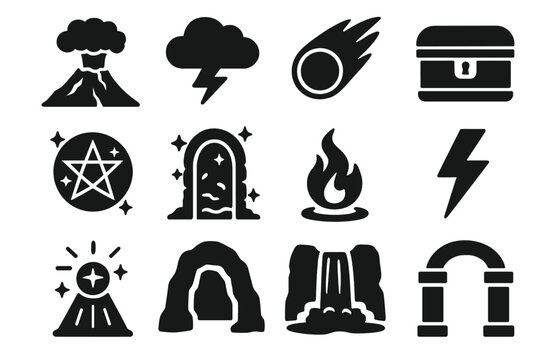 Legendary Event Icons. Solid style icons of legendary events: volcanic eruption, storm cloud, comet, magic circle, enchanted