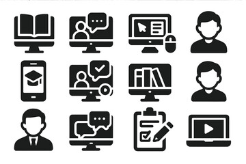 Online Education Icons. Solid style icons of Online Education Platforms: MOOC course, live webinar, e-learning portal, virtual