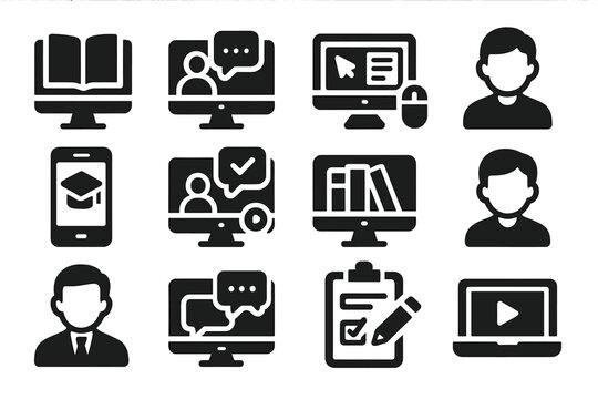 Online Education Icons. Solid style icons of Online Education Platforms: MOOC course, live webinar, e-learning portal, virtual