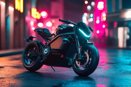 Futuristic electric sport motorcycle showcasing modern design and advanced technology, illuminated by cyberpunk neon street lights
