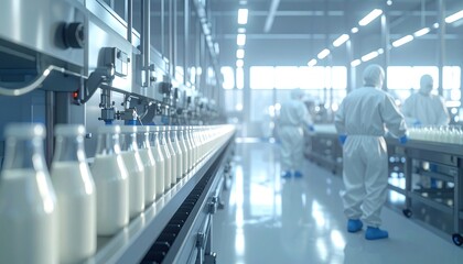 Efficient milk bottling line operating in hygienic food processing plant with workers monitoring quality control