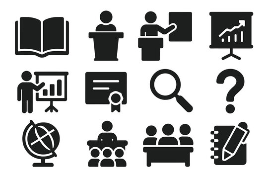 Civic Education Icons. Solid style icons of civic education: open book, lecture podium, chalkboard, presentation chart,
