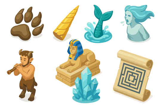 Mythical Creatures Set. Isometric vector illustration set of Mythical creatures: dragon claw print, unicorn horn shard, mermaid