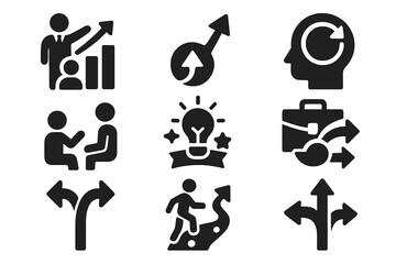Career Growth Icons. Solid style icons of career development from below: growth chart with mentor from base, insight arrow upward,
