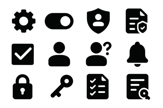 User Control Icons. Solid style icons of user control: settings gear, toggle switch, privacy dashboard, consent form, opt-in