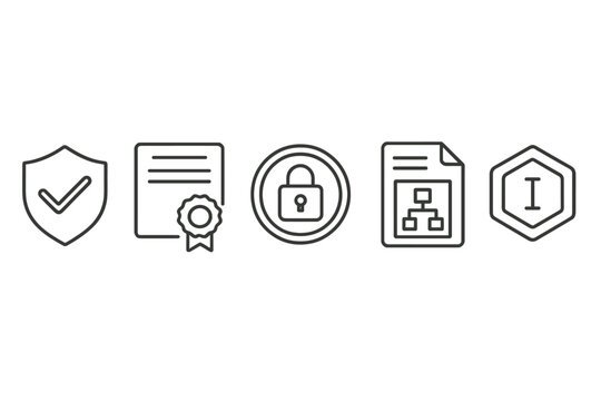 Ethical Hacking Icons. Line style icons of ethical hacking certifications: CEH badge icon, OSCP certificate, CompTIA Security+