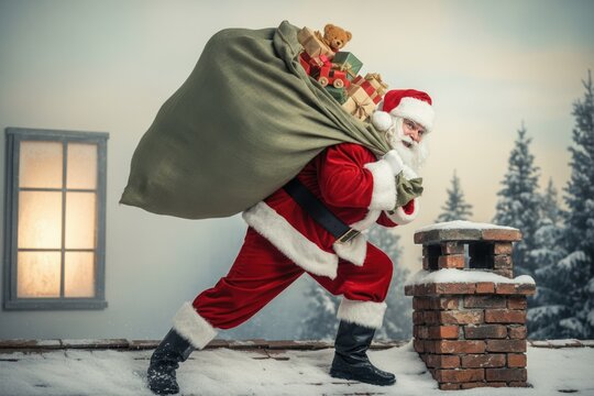 Santa Claus carrying a heavy sack of presents on a snowy rooftop. Father Christmas delivering gifts by the chimney on Christmas Eve. Holiday tradition concept