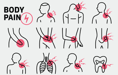 Body pain illustration showing specific parts of the body and bones, medical and health concept, vector design, educational anatomy graphic, digital artwork for apps, websites, healthcare materials, a