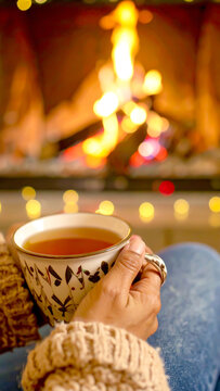 Heisse Tasse Tee am Kamin
