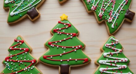 Festive Cookie Delights: Adorned with vibrant icing and playful sprinkles, these delightful Christmas tree cookies evoke a sense of joyous anticipation and festive celebration.