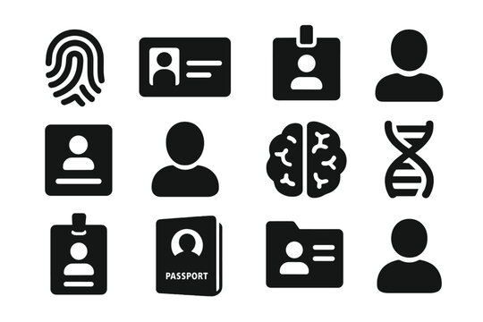 Identity Symbols Icons. Solid style icons of identity: fingerprint, ID card, silhouette, name tag, personal profile, avatar, brain