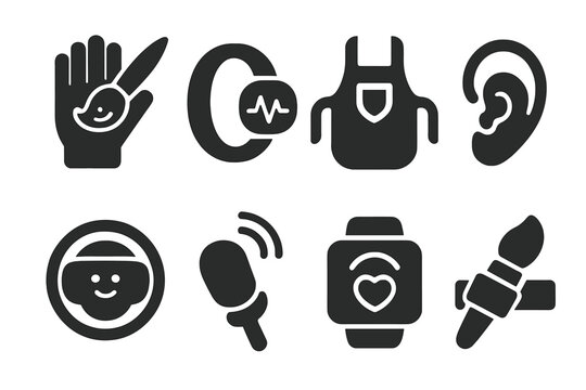Wearable Painting Gear Icons. Solid style icons of wearable painting gear: emotion-glove brush icon, pulse ring painter,