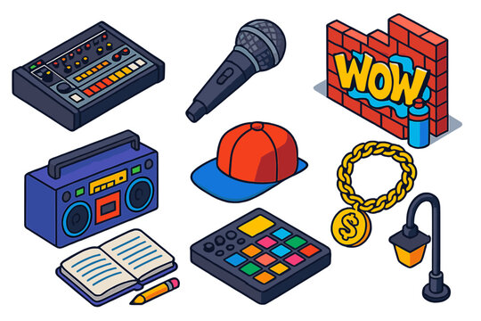 Music Icons Collection. Isometric vector illustration set Musical genres &ndash; 808 drum machine, rap microphone, graffiti wall;