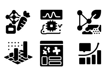 Hyperspectral Data Icons. Solid style icons of hyperspectral data interpretation: neural net food scan, AI spectral analysis board