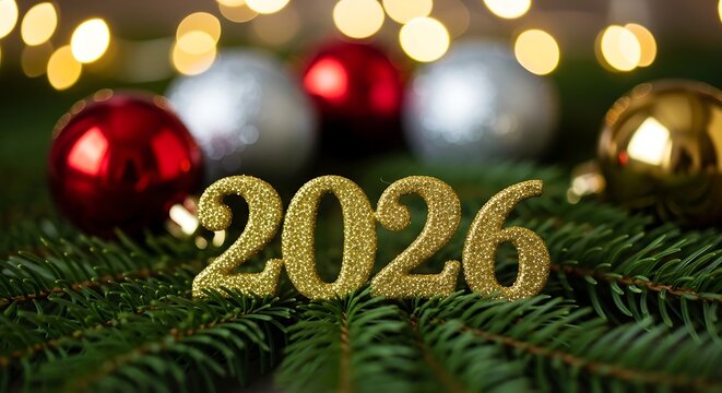 Sparkling golden 2026 new year date with festive decorations