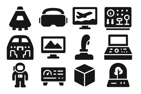 Simulation Icons Collection. Solid style icons of simulations: space capsule, VR headset, flight simulator, control panel, mock