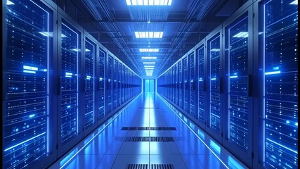 Data Center Server Room with Blue Lights and Technology - Powered by Adobe