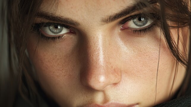 Close up view of a young womans intense gaze highlighting her unique features and natural charm.