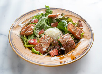 Salmon Caesar salad with fresh greens, juicy tomatoes, and creamy dressing. Perfect for a healthy lunch, adding a touch of gourmet to your day.