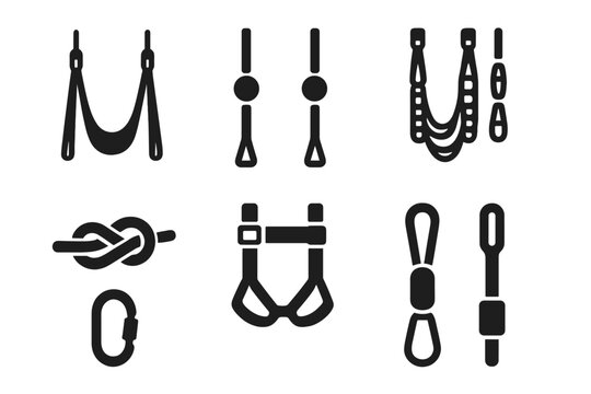 Yoga Hammock Icons. Solid style icons of yoga hammocks and straps: silk hanging strap, dual-point anchor icon, looped sling panel.