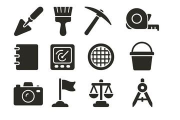 Fototapeta premium Excavation Tools Icons. Solid style icons of excavation tools: trowel, brush, pickaxe, measuring tape, notebook, sonar device,