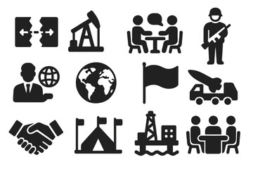 International Conflict Icons. Solid style icons of International Conflicts: disputed border, resource extraction, diplomatic talks