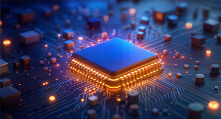 Microchip on circuit board with glowing elements