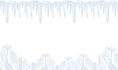 abstract winter glacial frame border with hanging icicles and snow ice blocks elements isolated on white background frozen cold season template