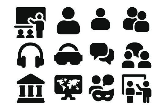 Immersion Method Icons. Solid style icons of immersion methods: classroom, teacher figure, student group, headset, VR headset,
