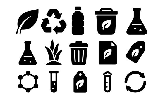 Biodegradable Icons Collection. Solid style icons of biodegradable plastics: leaf symbol, recycling icon, plastic bottle, compost