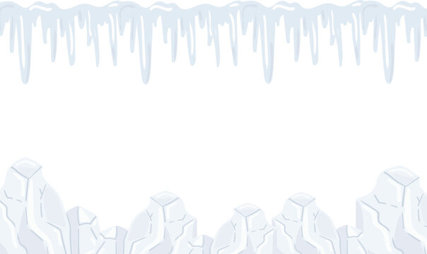 abstract winter glacial frame border with hanging icicles and snow ice blocks elements isolated on white background frozen cold season template