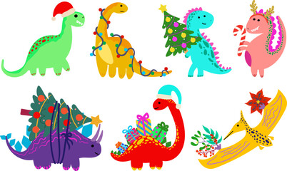 set of cute cartoon dinosaurs celebrating christmas and new year party isolated background funny kids holiday web design elements