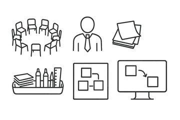 Design Workshop Icons. Line style icons of design thinking workshop setup: circle of chairs, facilitator icon, sticky note packs,