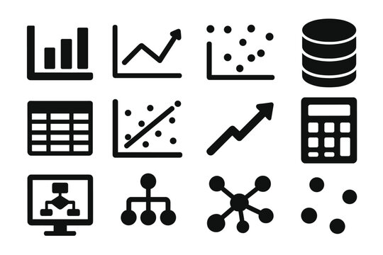 Data Model Icons. Solid style icons of data models: bar chart, line graph, scatter plot, database, spreadsheet, regression line,
